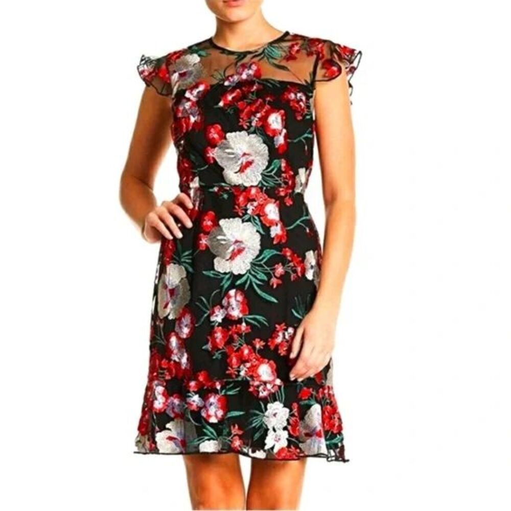Donna Morgan Floral Mesh‎ Flutter Sleeve Cocktail Dress Black Red Silver Sz 2 L2